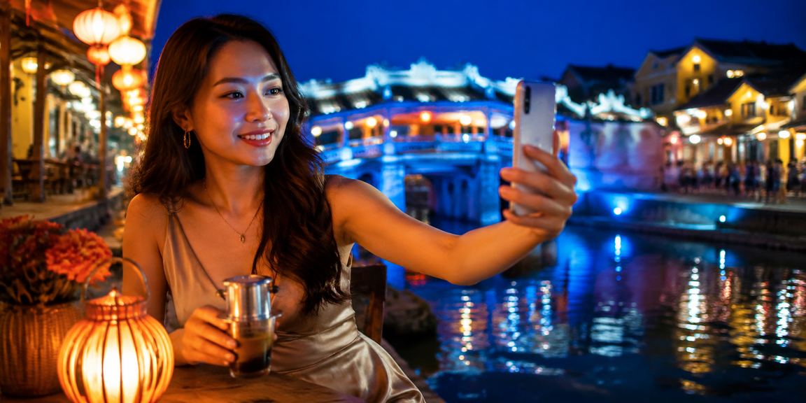 Người dùng truy cập 161 trên điện thoại tại Hội An với ly cà phê bên cạnh